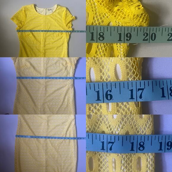 Y2K Vintage Bisou Bisou Yellow Lace Sheath Dress L 14 Crochet Overlay Boho Glam - Picture 14 of 17